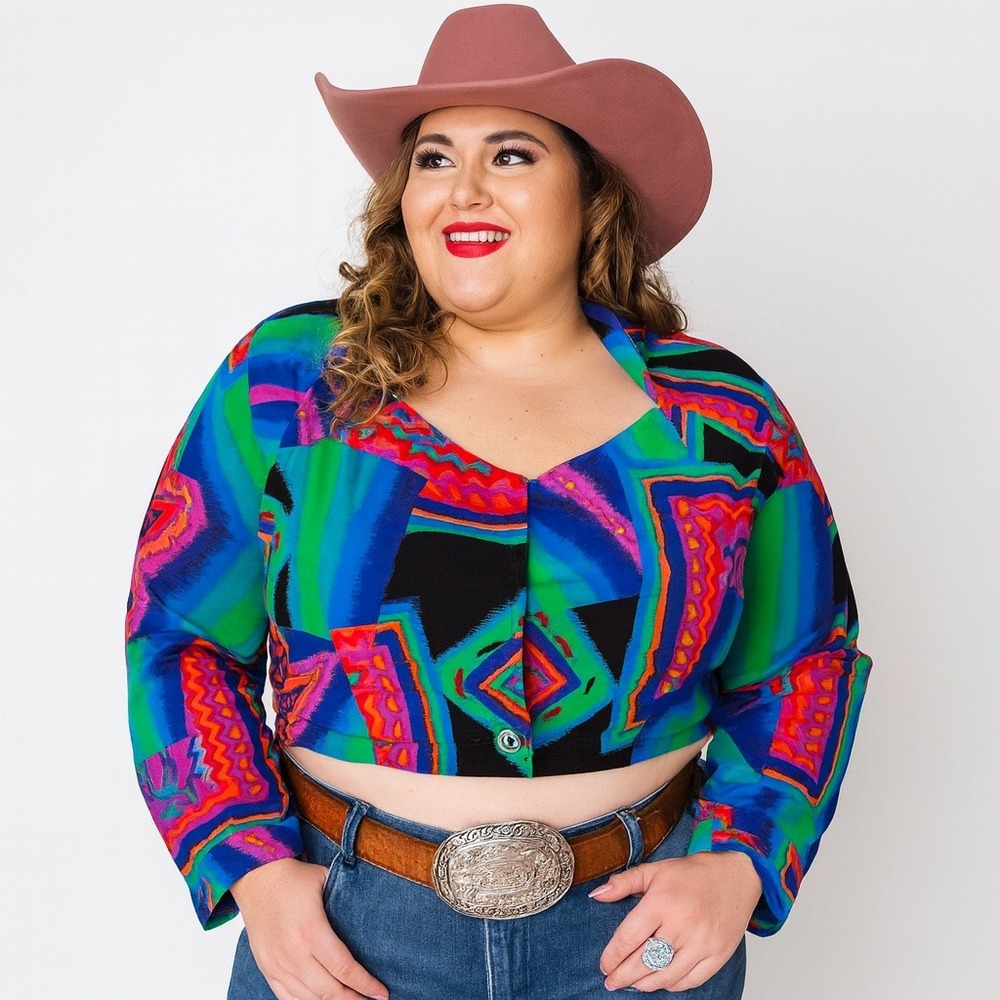 Vintage 80s Ozark Mountain Jean Co Cropped Jacket Geometric Print USA Women's XL